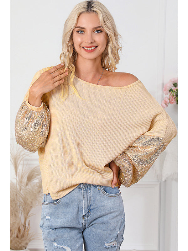 Women's Sequin Sleeves Open Back Knitted Blouse Shirt