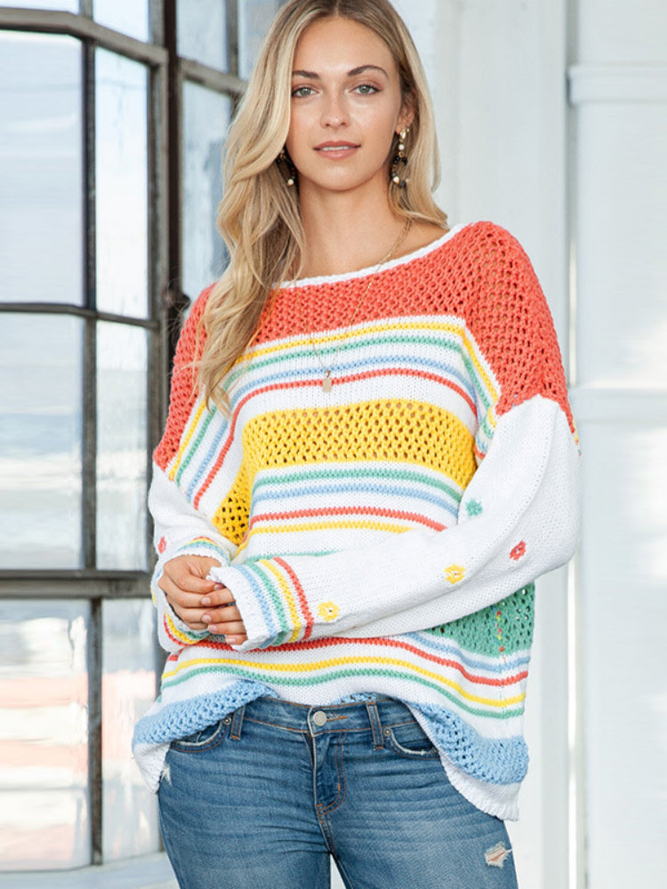 Women's Rainbow Stripe Color Block Pullover Sweater