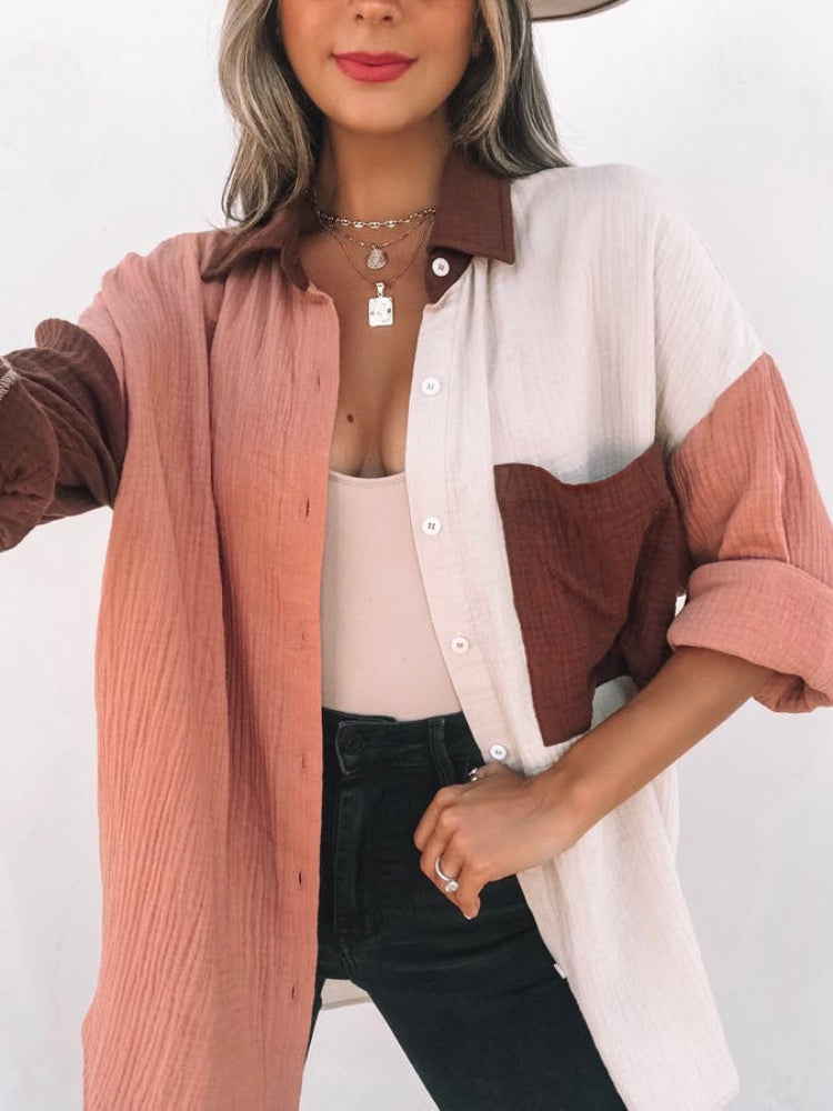 Women's Loose Color Block Button Down Shirt Blouse