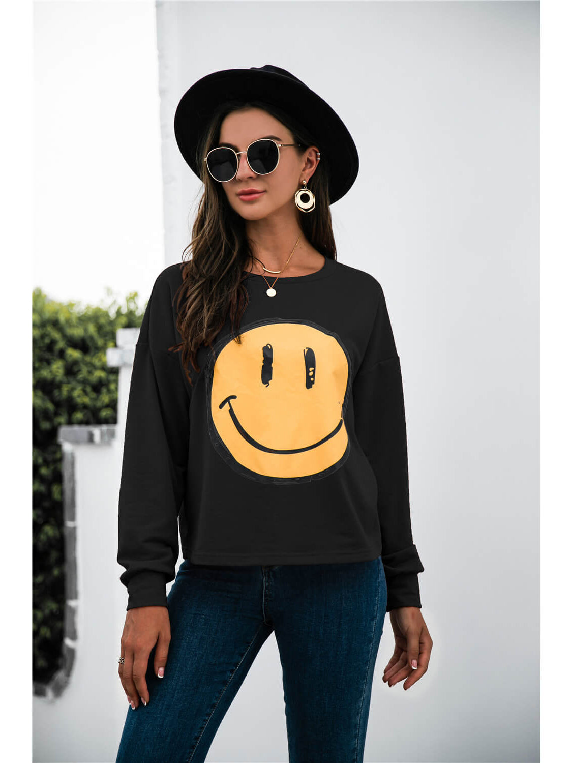 Ladies Smiley Face Printed Crew Neck Sweatshirts