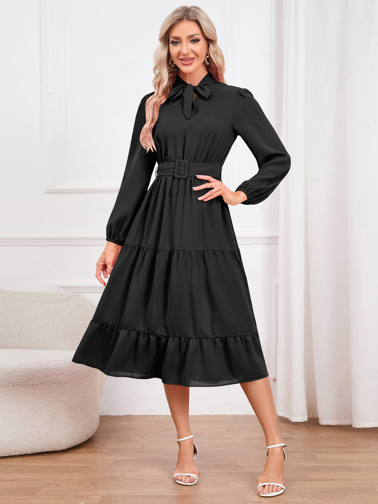 Women's Solid Color Elegant Long Sleeve Belted Dress