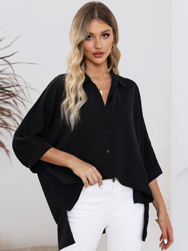 Women's Solid Color 3/4 Puff Sleeve Loose Shirt
