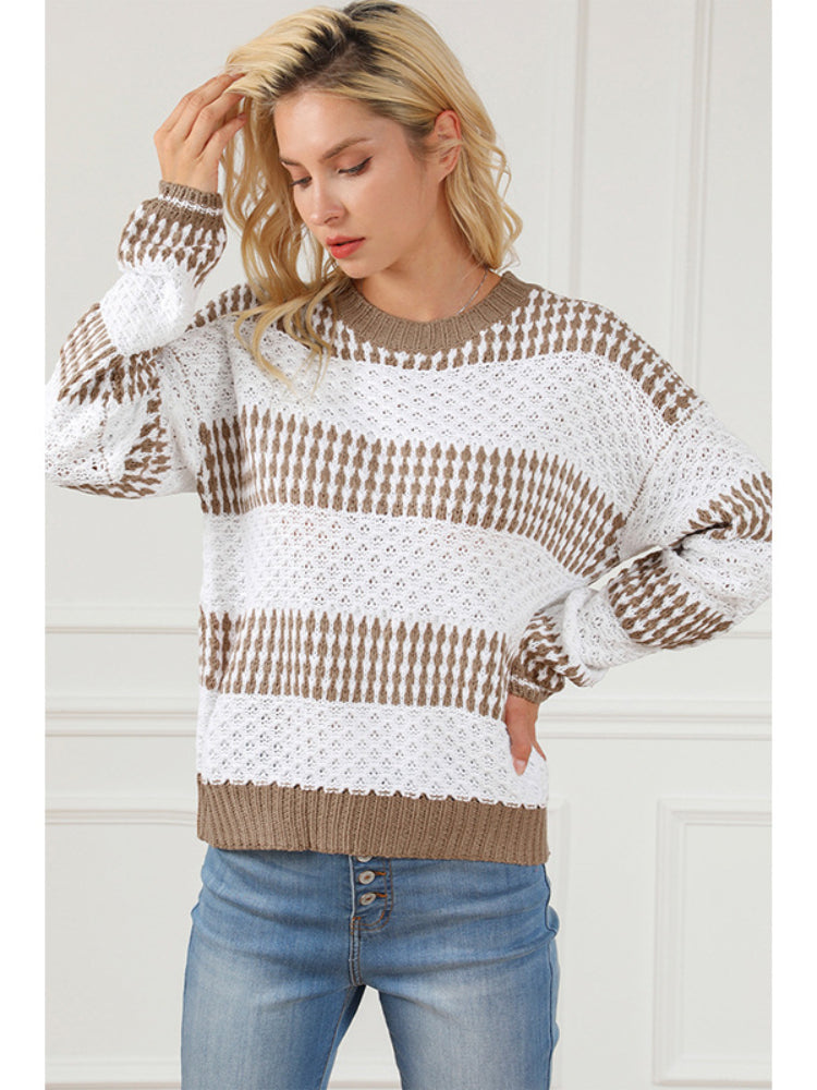 Women's Casual Color Contrast Drop Shoulder Knitted Sweater