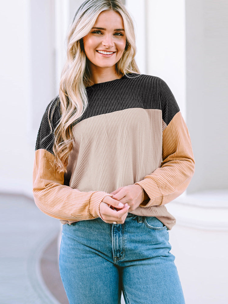Women's Loose Color Block Ribbed Top Sweatshirt