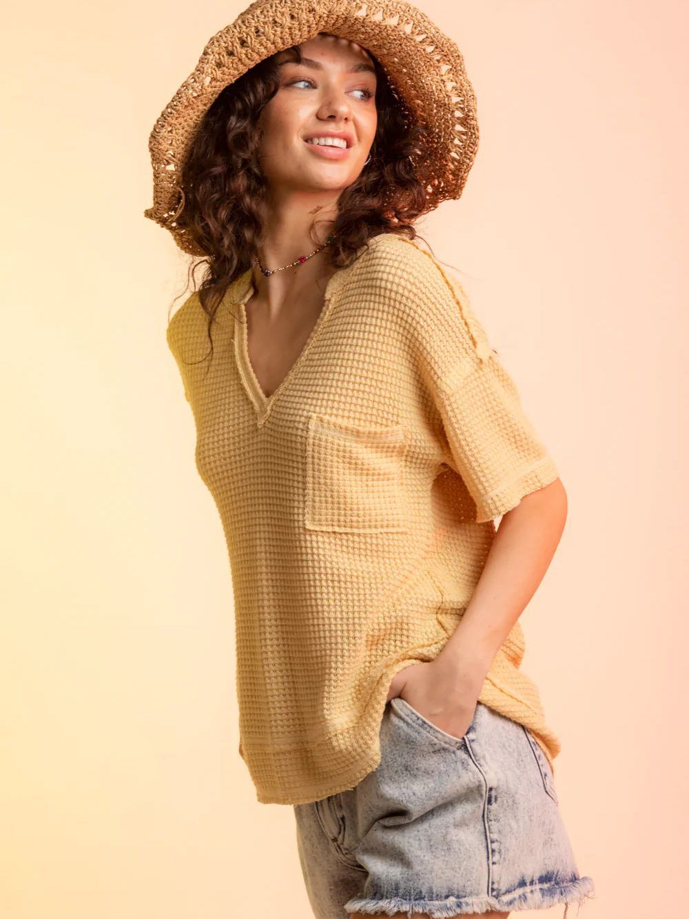 Women's Loose Fit V Neck Waffle Texture Pocket Shirt