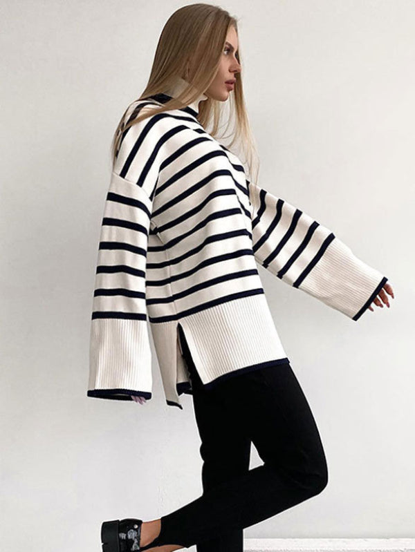 Chic Cream & Black Stripe Roll Neck Baggy Sweater