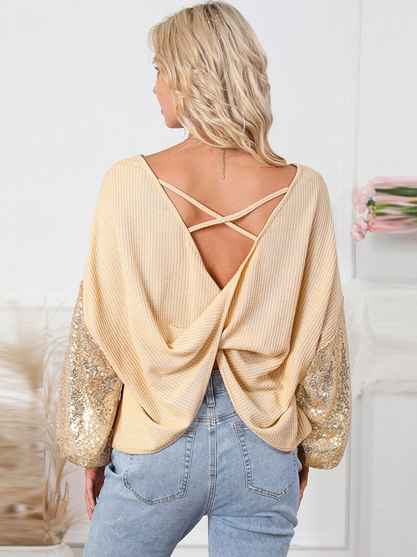Women's Sequin Sleeves Open Back Knitted Blouse Shirt