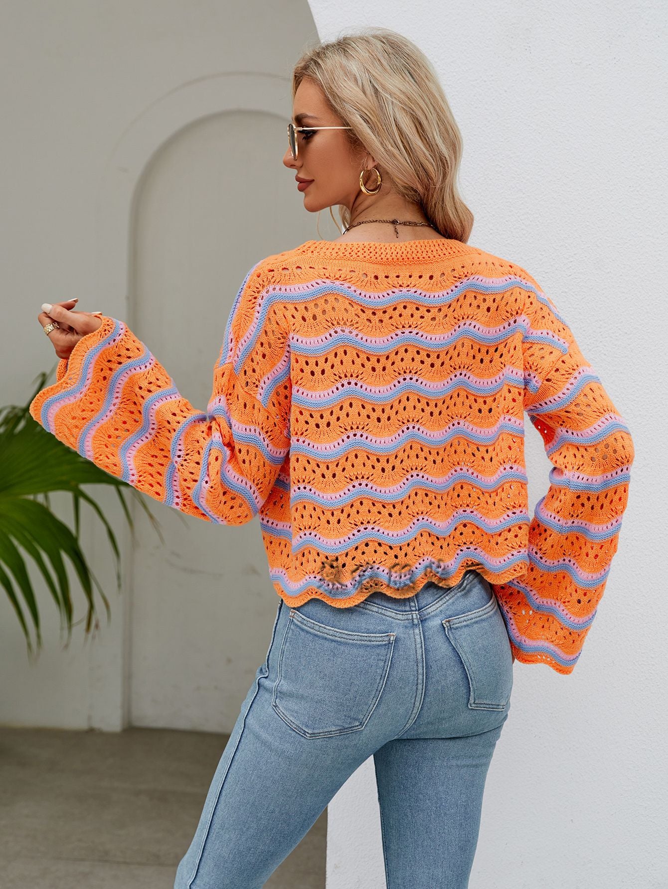 Women's Loose Hollowed Long Sleeve Crop Striped Pullover
