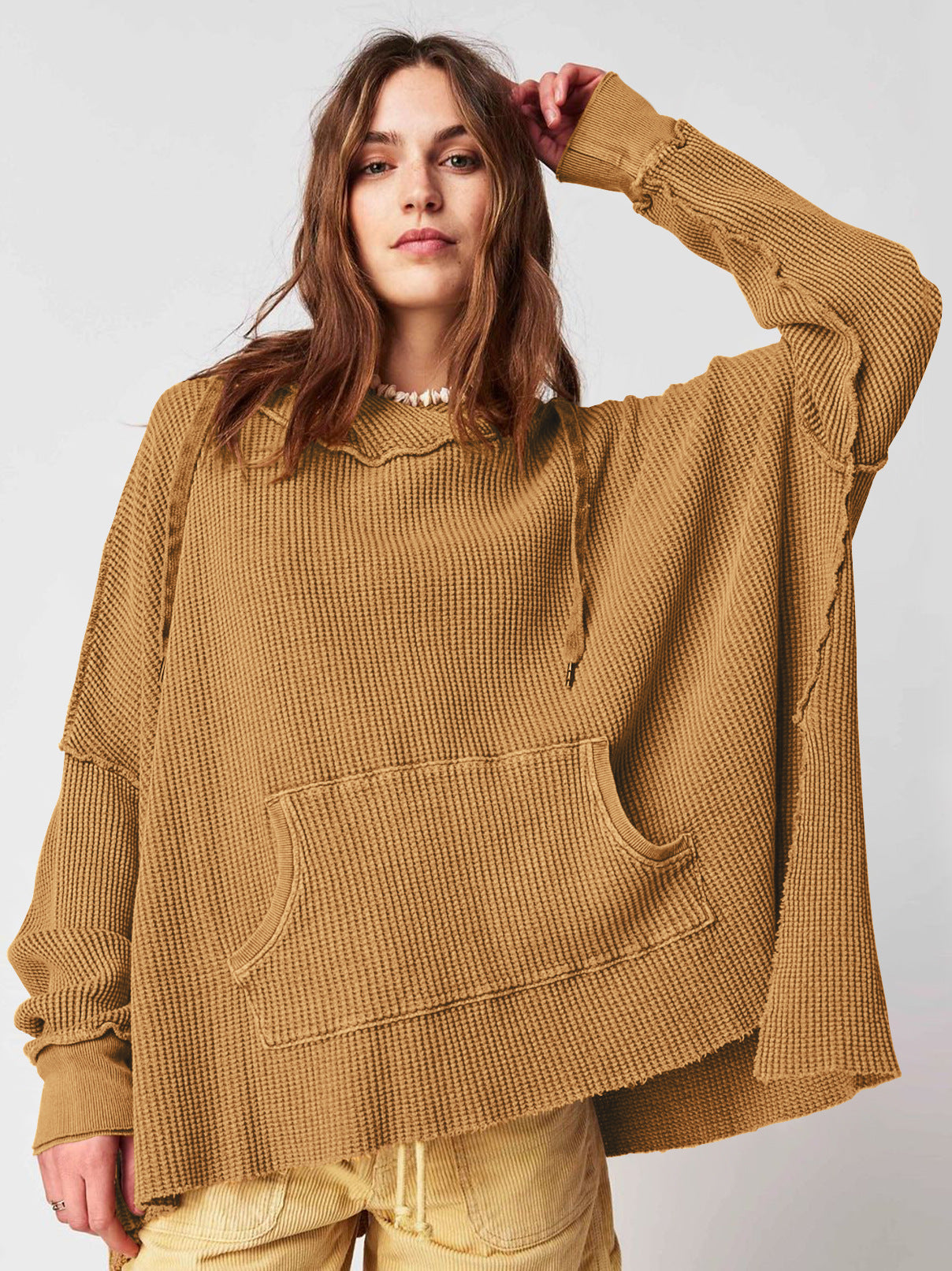 Women's Loose Waffle Design Hooded Sweatshirt