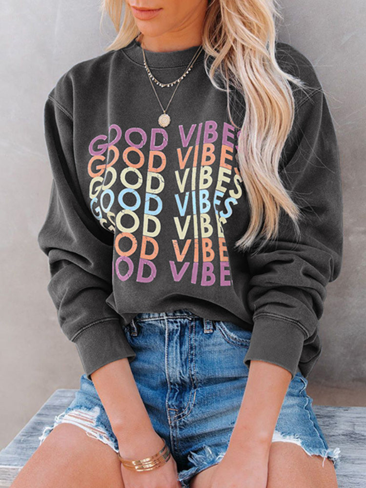 Women's Casual Colorful Good Vibes Printed Grey Sweatshirt