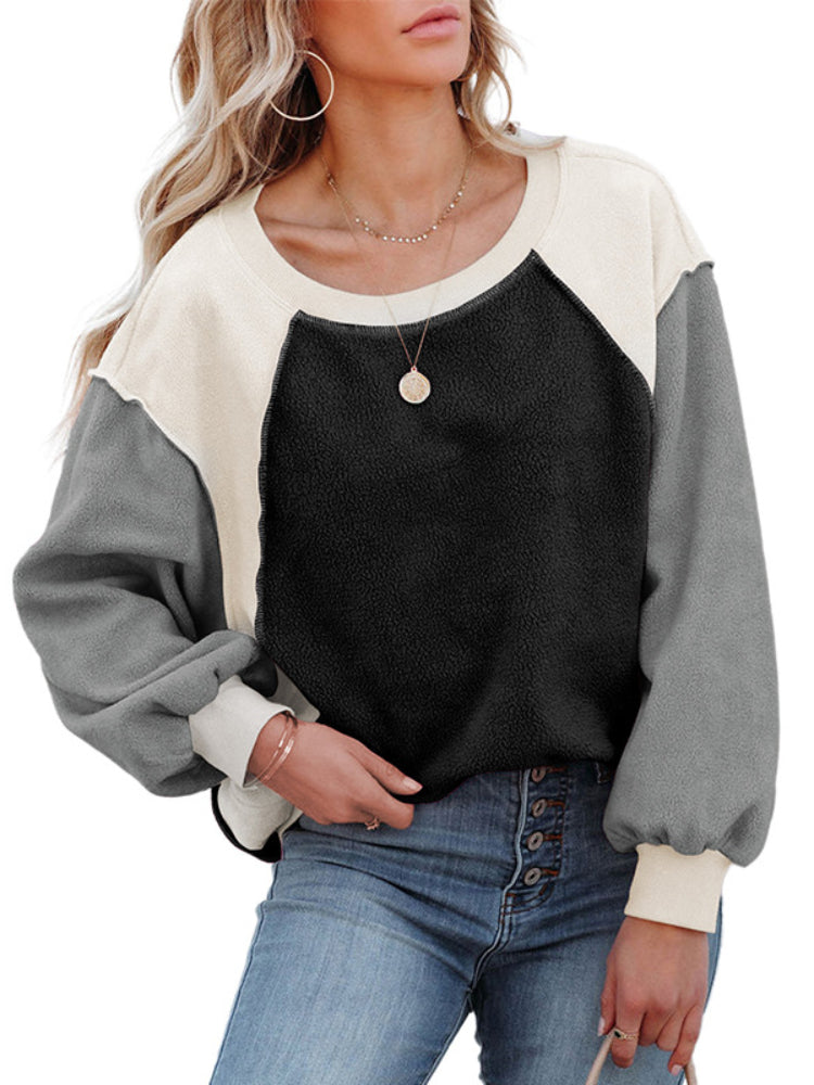Women's Casual Patchwork Drop Shoulder Fleece Sweatshirt