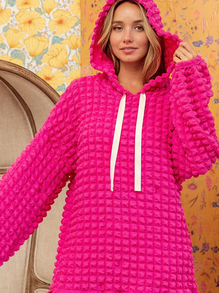 Women's Solid Color Bubble Textured Waffle Hooded Sweatshirt