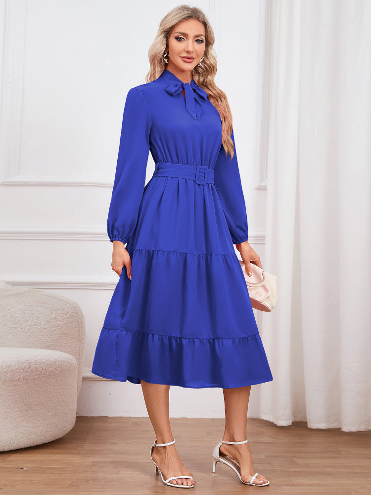 Women's Solid Color Elegant Long Sleeve Belted Dress