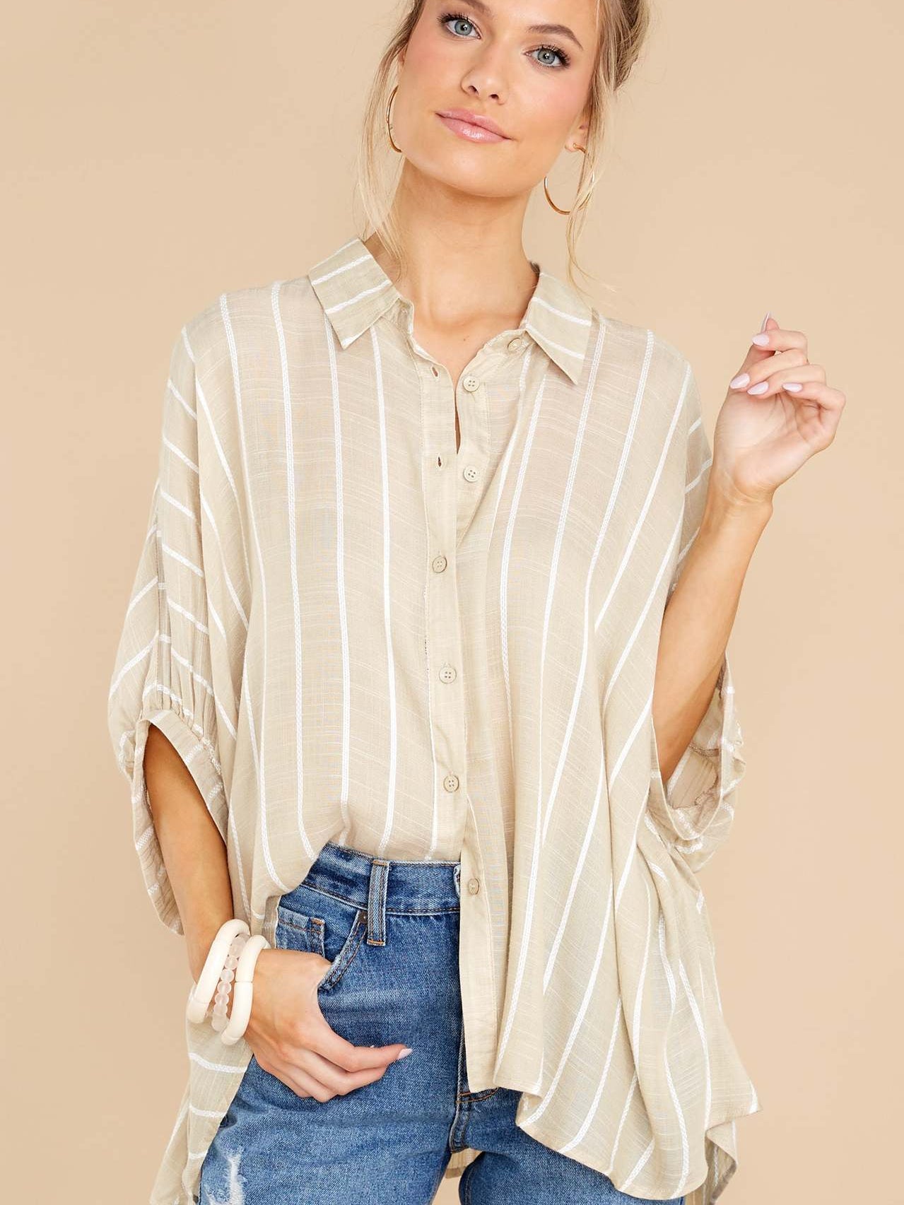 Women's Oversized Striped Texture Button Up Shirt