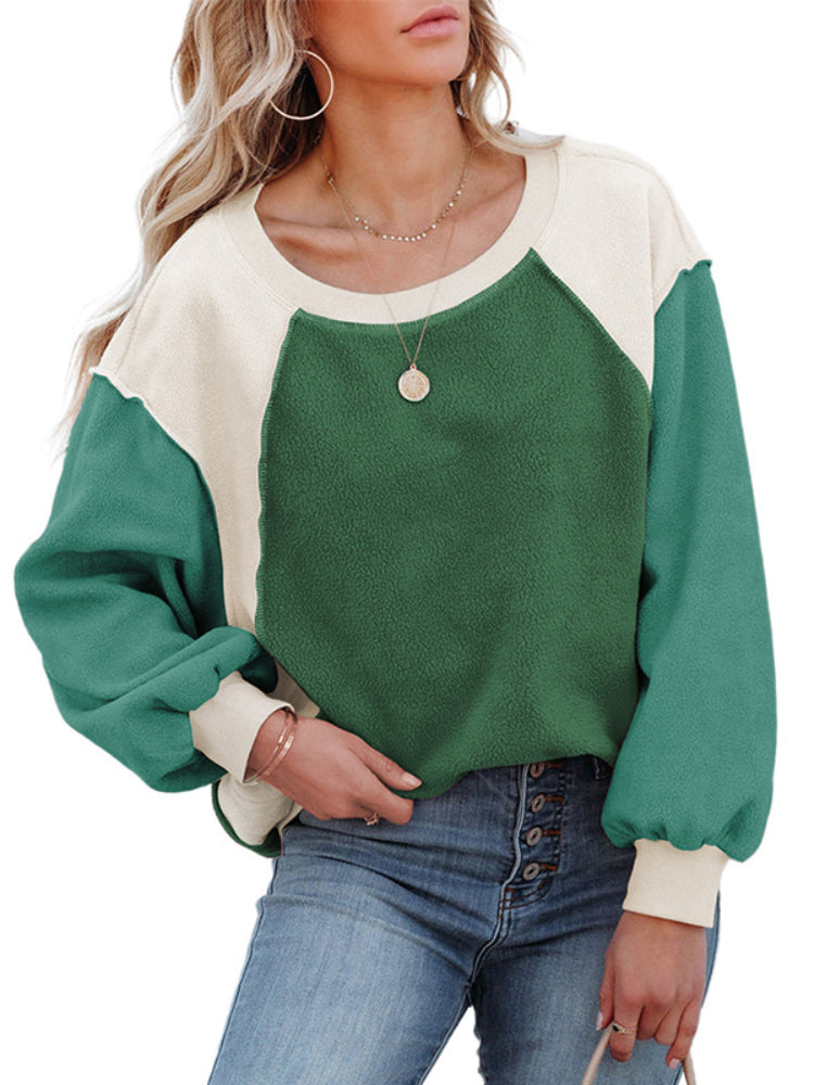 Women's Casual Patchwork Drop Shoulder Fleece Sweatshirt