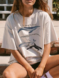 Women Whale Print Graphic Vintage Short Sleeve Tee