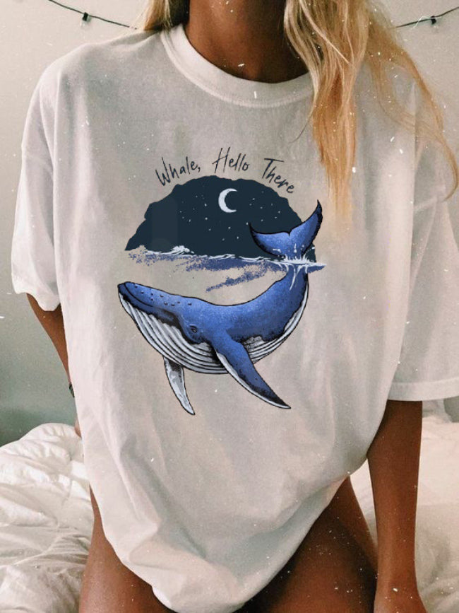 Ladies Whale Hello There Printed Preppy Short Sleeve Tee
