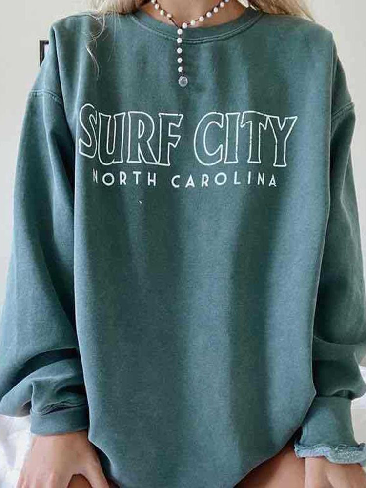 Ladies Surf City Printed Crew Neck Loose Oversized Sweatshirt