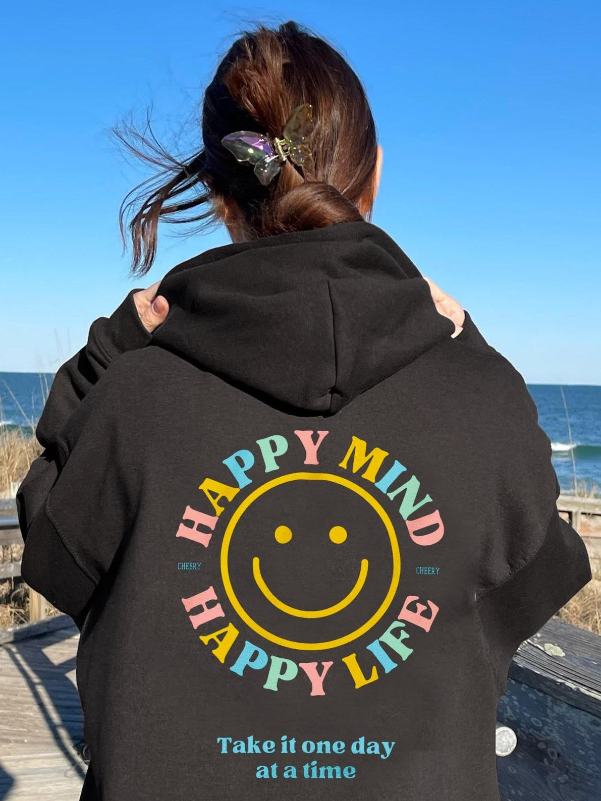 Happy Mind Happy Life Smilely Face Printed Oversized  Aesthetic Sweatshirts
