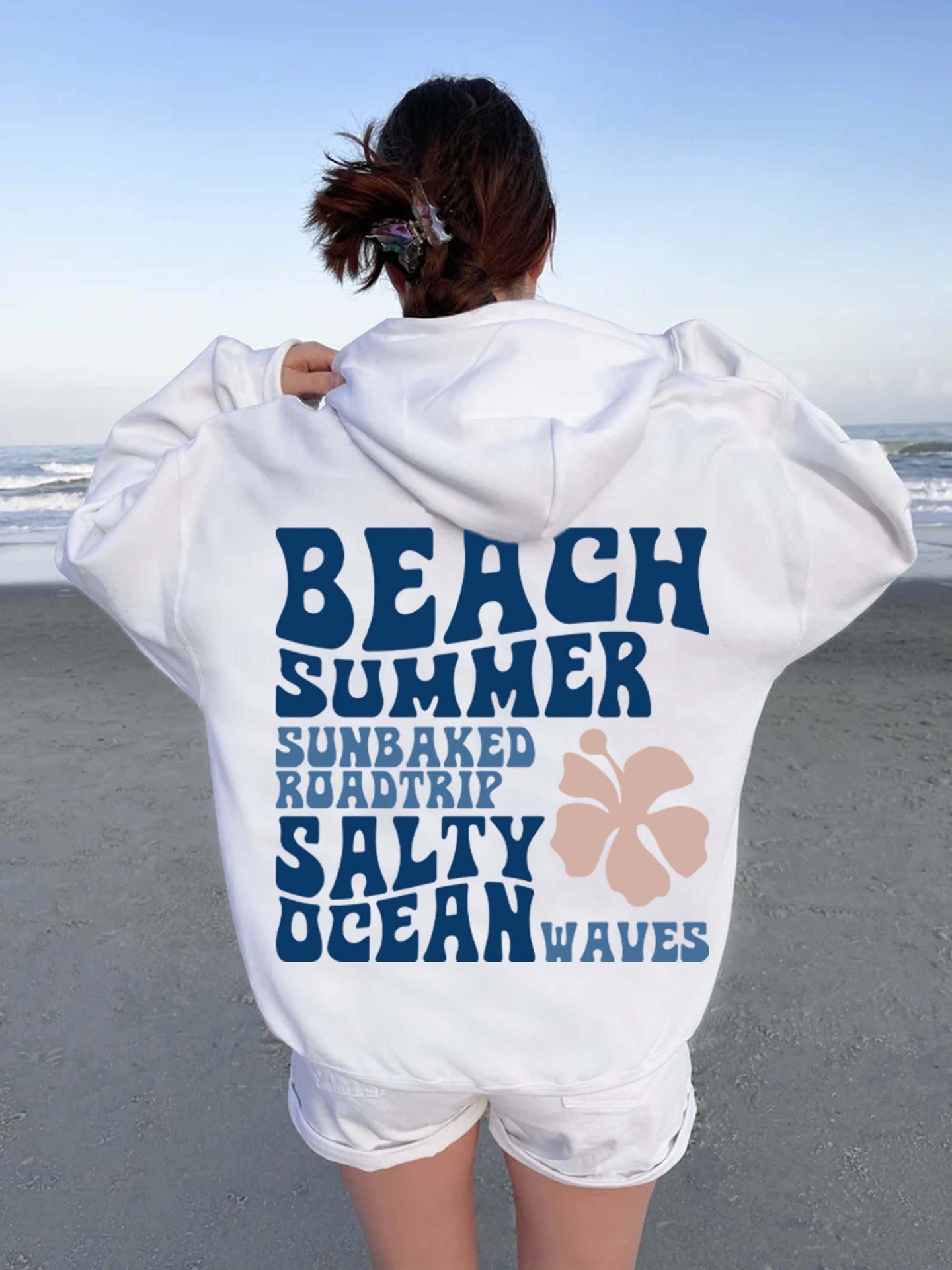 Ladies Beach Summer Sunbaked Roadtrip Salty Ocean Waves Printed Oversized Hoodie