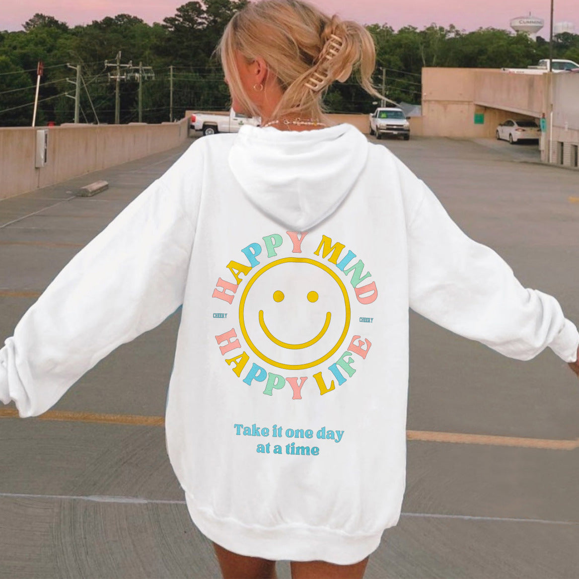 Happy Mind Happy Life Smilely Face Printed Oversized  Aesthetic Sweatshirts