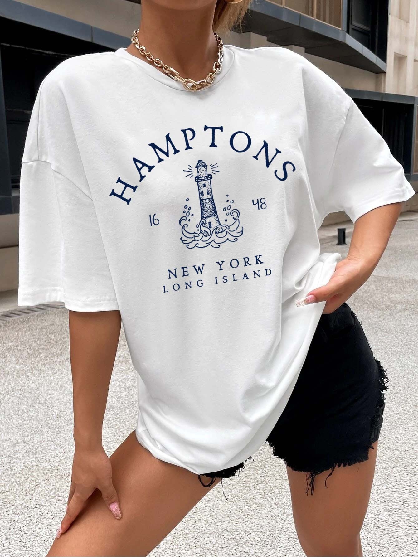 Ladies Hamptons New York Long Island Printed Oversized Short Sleeve Tee