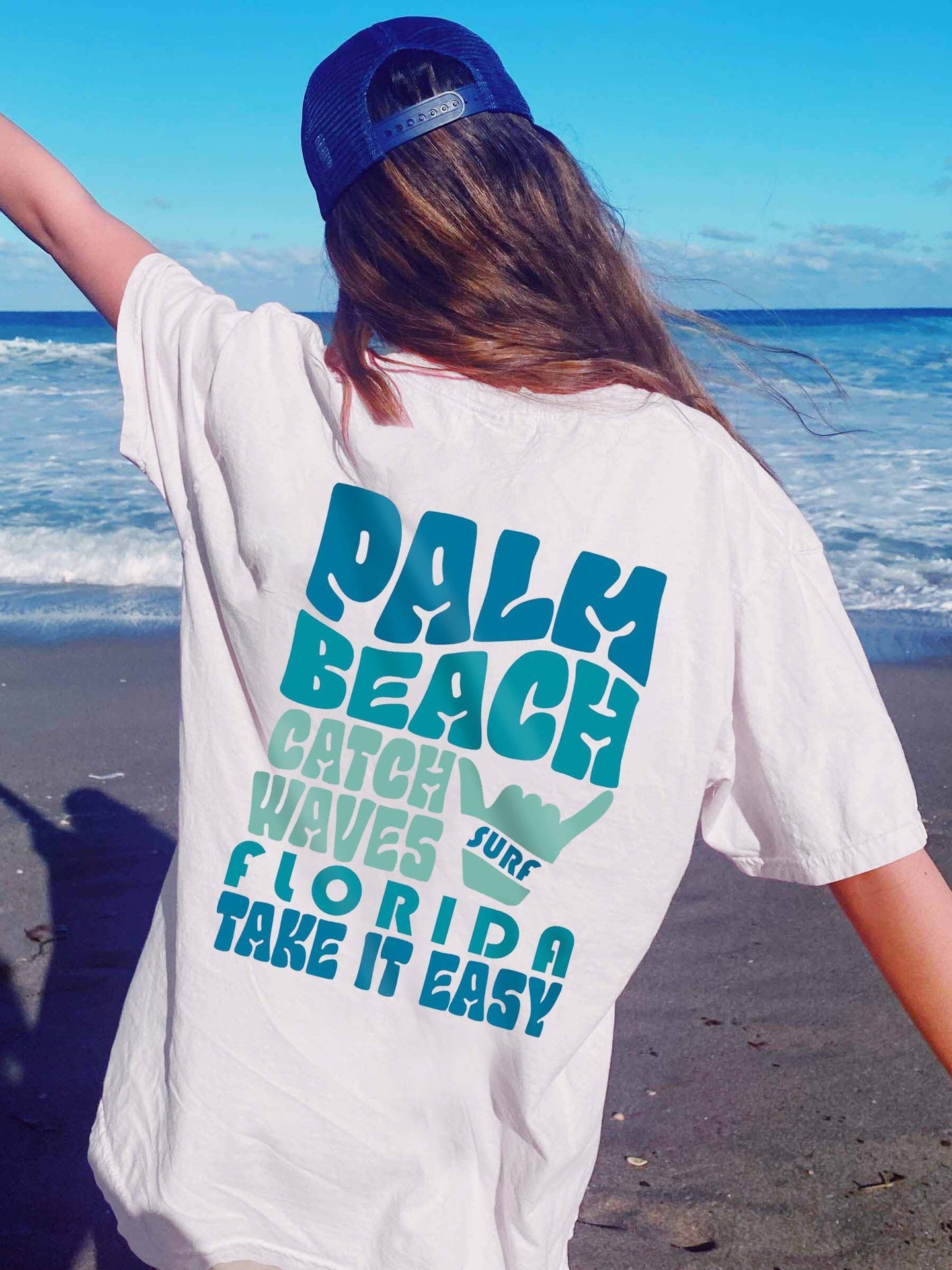 Ladies Palm Beach Catch Waves Surf Florida Take It Easy Printed Oversized T-Shirt