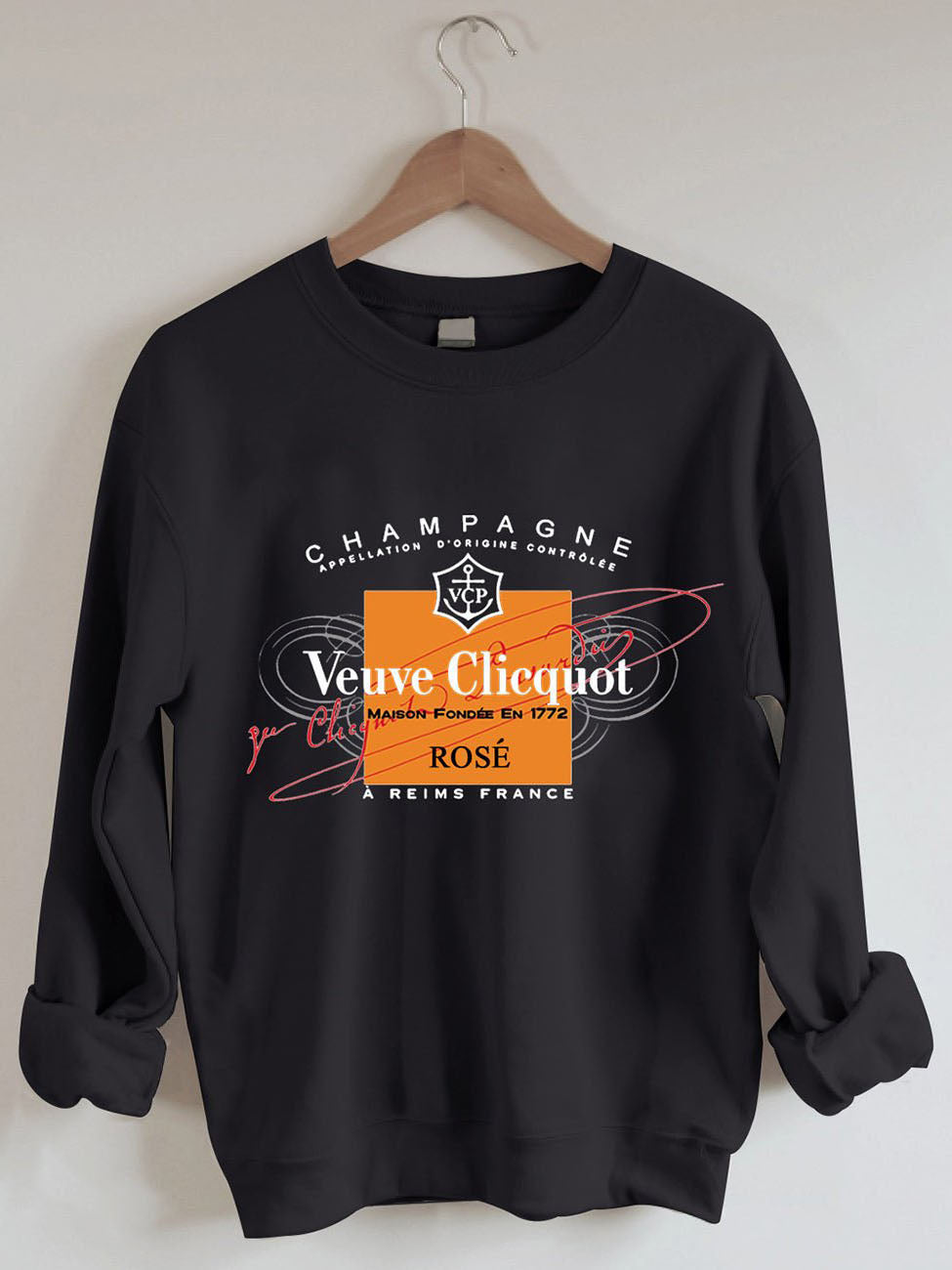 Morefavor Champagne Veuve Rose Black Crewneck Sweatshirt