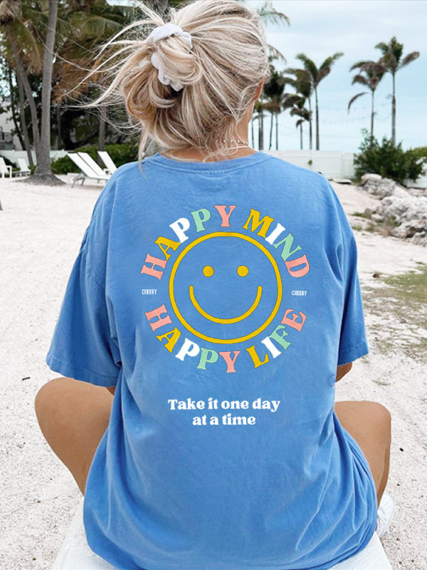 Ladies Happy Mind Happy Life Smilely Face Printed Oversized T-Shirt
